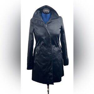 Mossimo Black Trench Rain Coat Sz S Satin Zip Up Belted‎ Satin Lined